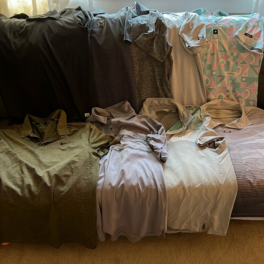 9 size large polo shirts. Euc